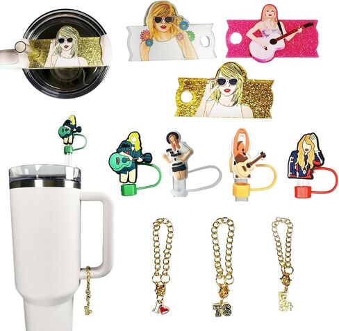 Music Theme Stanley Cup Accessories Set, 4 pcs of 10mm Straw Covers Cap, 3pcs 40oz Stanley Name Plate, 3pcs Charms, Popular Singer Tumbler Decorations in Saudi Arabia