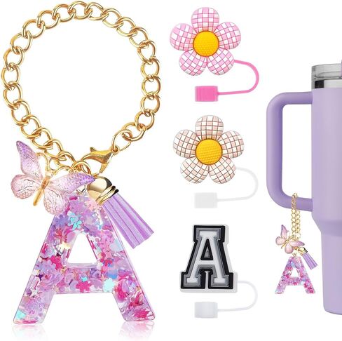 4PCS Stanley Cup Accessories for 30oz 40oz Tumbler with Handle, Silicone Straw Covers Topper Cap and Boot, Spill Proof Stopper, Keychain Handle Charm, Initials Decorations, Purple M in Saudi Arabia