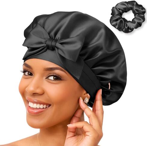 Silk Bonnet 100% Mulberry Silk Sleep Cap Breathable & Adjustable Sleeping Caps Silk Hair Wrap Women Night Cap for Curly Hair (Black) in Saudi Arabia