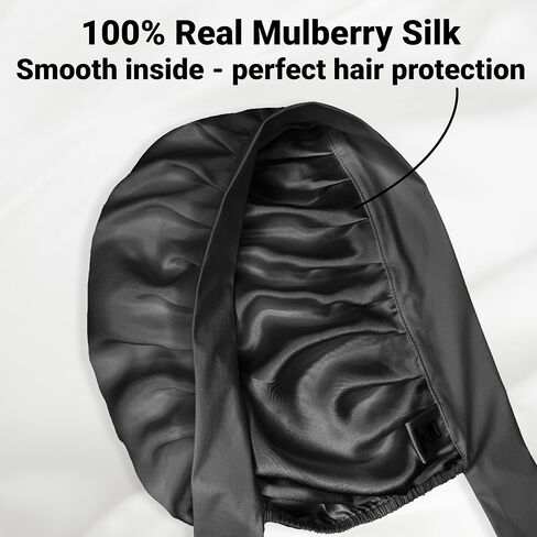 Silk Bonnet 100% Mulberry Silk Sleep Cap Breathable & Adjustable Sleeping Caps Silk Hair Wrap Women Night Cap for Curly Hair (Black) in Saudi Arabia