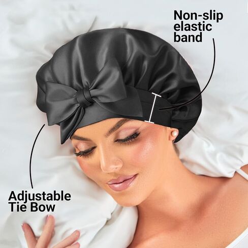 Silk Bonnet 100% Mulberry Silk Sleep Cap Breathable & Adjustable Sleeping Caps Silk Hair Wrap Women Night Cap for Curly Hair (Black) in Saudi Arabia