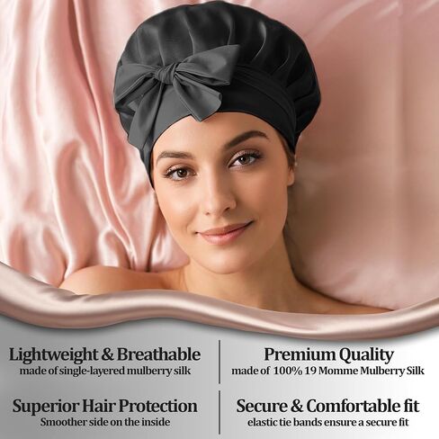 Silk Bonnet 100% Mulberry Silk Sleep Cap Breathable & Adjustable Sleeping Caps Silk Hair Wrap Women Night Cap for Curly Hair (Black) in Saudi Arabia