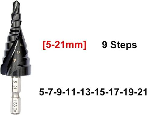 1Pcs M35 Cobalt Step Drill 4-12/4-20/4-22/5-21/5-27mm TiAIN Drill Bit Spiral Groove Quick Change Shank for Stainless Steel(5-27mm(12 Steps)) in Kuwait