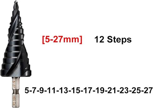 1Pcs M35 Cobalt Step Drill 4-12/4-20/4-22/5-21/5-27mm TiAIN Drill Bit Spiral Groove Quick Change Shank for Stainless Steel(5-27mm(12 Steps)) in Kuwait
