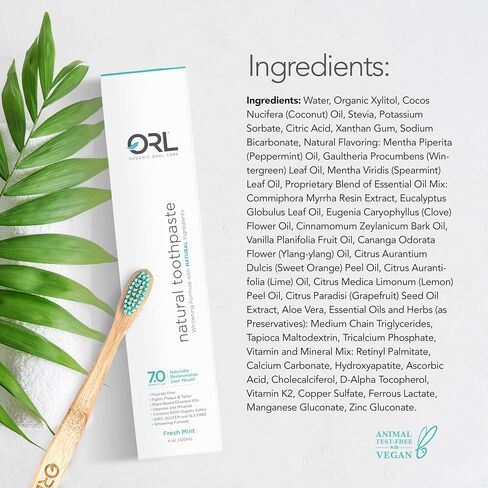 ORL Fluoride-Free, Natural Hydroxyapatite Toothpaste with Organic Xylitol. Helps Strengthen Teeth, Prevent Cavities, Non-Toxic Ingredients. Natural Fresh Mint Flavor 4 oz. Made is USA in Kuwait