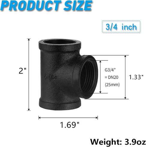 3/4 "TEE الأسود ، DN20 ملقم داخلي ملعب الحديد المرن لـ Steampunk خمر الرف قوس DIY الأثاث أنبوب السباكة (10 ، 3/4 بوصة أسود) in Kuwait