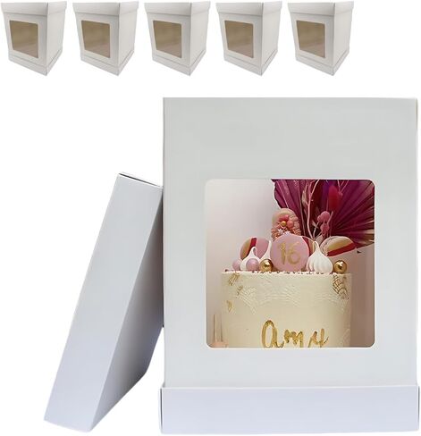Olbaa Premium 10x10x14 بوصة صناديق كعكة طول مع نافذة عرض 7x7 - حاوية كعكة قوية وطويلة للنقل والعرض - حاملة كعكة - حزمة 20 in Kuwait