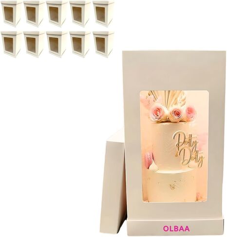 Olbaa Premium 10x10x14 بوصة صناديق كعكة طول مع نافذة عرض 7x7 - حاوية كعكة قوية وطويلة للنقل والعرض - حاملة كعكة - حزمة 20 in Kuwait