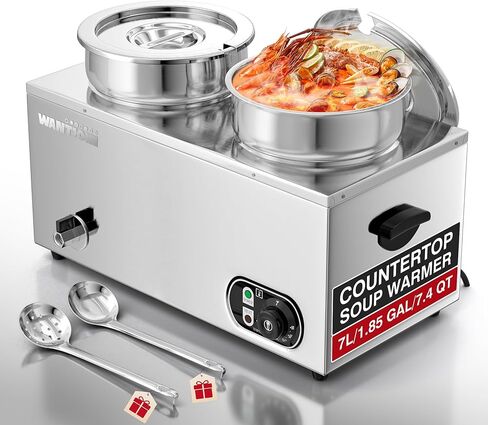 WantJoin Commercial Soup Warmer, 2x11QT Countertop Bain Marie Steam Table Stainless Steel Double Round Pots, 1500W Temperature Control 86-185°F Soup Station with Anti-Dry Burn for Restaurants Buffet in Saudi Arabia