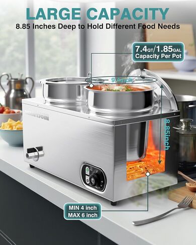 WantJoin Commercial Soup Warmer, 2x11QT Countertop Bain Marie Steam Table Stainless Steel Double Round Pots, 1500W Temperature Control 86-185°F Soup Station with Anti-Dry Burn for Restaurants Buffet in Saudi Arabia