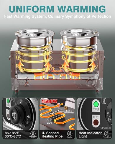WantJoin Commercial Soup Warmer, 2x11QT Countertop Bain Marie Steam Table Stainless Steel Double Round Pots, 1500W Temperature Control 86-185°F Soup Station with Anti-Dry Burn for Restaurants Buffet in Saudi Arabia