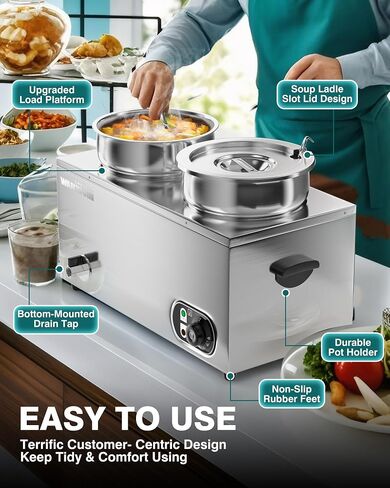 WantJoin Commercial Soup Warmer, 2x11QT Countertop Bain Marie Steam Table Stainless Steel Double Round Pots, 1500W Temperature Control 86-185°F Soup Station with Anti-Dry Burn for Restaurants Buffet in Saudi Arabia