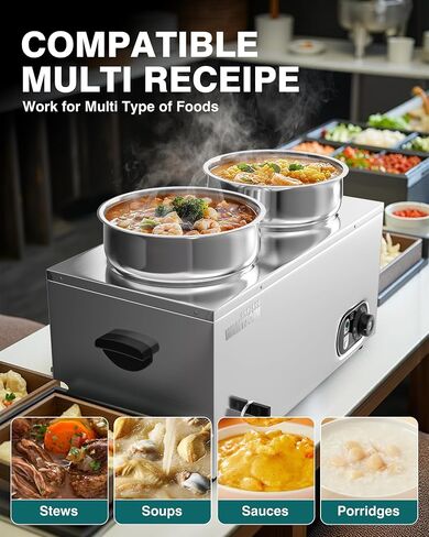 WantJoin Commercial Soup Warmer, 2x11QT Countertop Bain Marie Steam Table Stainless Steel Double Round Pots, 1500W Temperature Control 86-185°F Soup Station with Anti-Dry Burn for Restaurants Buffet in Saudi Arabia