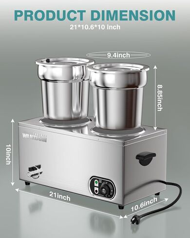 WantJoin Commercial Soup Warmer, 2x11QT Countertop Bain Marie Steam Table Stainless Steel Double Round Pots, 1500W Temperature Control 86-185°F Soup Station with Anti-Dry Burn for Restaurants Buffet in Saudi Arabia