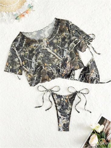 Verdusa Women's 3 قطعة Camo Halter Twistuit Triangle String Thong Bikini مجموعة مع Tovep Top in Kuwait