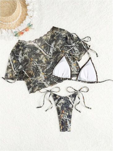 Verdusa Women's 3 قطعة Camo Halter Twistuit Triangle String Thong Bikini مجموعة مع Tovep Top in Kuwait