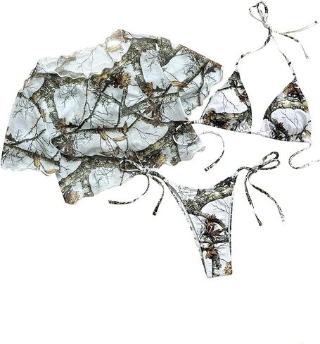 Verdusa Women's 3 Piece Camo Halter Swimsuit Triangle String Thong Bikini Set with Coverup Top in Saudi Arabia
