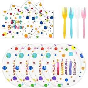 72PCS Happy Birthday Paper Plates and Napkins Decorations, 7inch Colorful Dots Cake Dessert Plates with Forks Disposable Dinnerware Tableware Set for Birthday Party Supplies (Colorful Dot) in Saudi Arabia