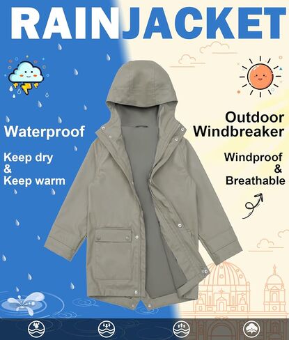 maoo garden Girls Boys Rain Jacket Lightweight Waterproof Raincoat Hooded Lined Long Windbreaker in Kuwait
