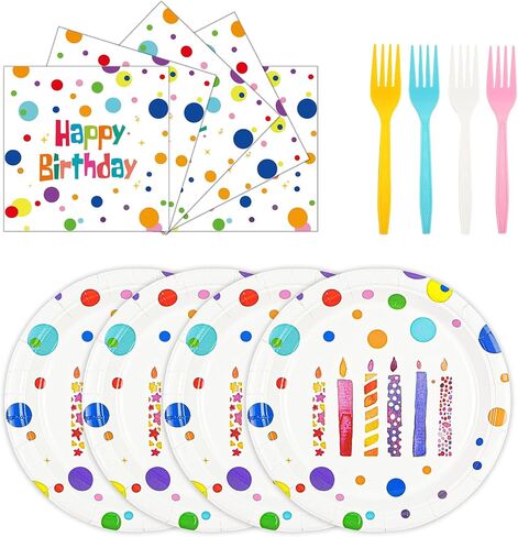 72PCS Happy Birthday Paper Plates and Napkins Decorations, 7inch Colorful Dots Cake Dessert Plates with Forks Disposable Dinnerware Tableware Set for Birthday Party Supplies (Colorful Dot) in Kuwait