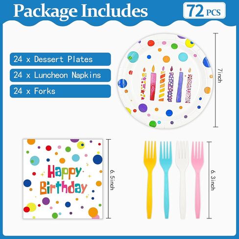 72PCS Happy Birthday Paper Plates and Napkins Decorations, 7inch Colorful Dots Cake Dessert Plates with Forks Disposable Dinnerware Tableware Set for Birthday Party Supplies (Colorful Dot) in Kuwait