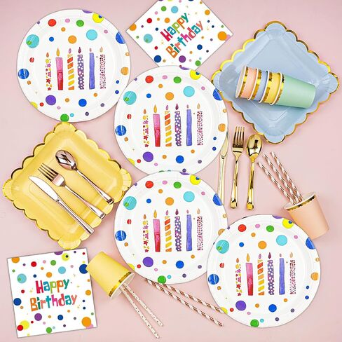 72PCS Happy Birthday Paper Plates and Napkins Decorations, 7inch Colorful Dots Cake Dessert Plates with Forks Disposable Dinnerware Tableware Set for Birthday Party Supplies (Colorful Dot) in Kuwait