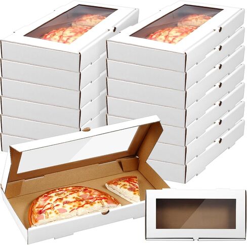 Tioncy 24 PCS Bizza Boxes 14 × 7 × 1.5 بوصة مربع بيتزا مموجة مستطيلة ، قم بإخراج حاويات الخبز مع قفل حلقة السحب على غطاء النافذة الصافية لخبز الخبز المسطح (أبيض) in Kuwait