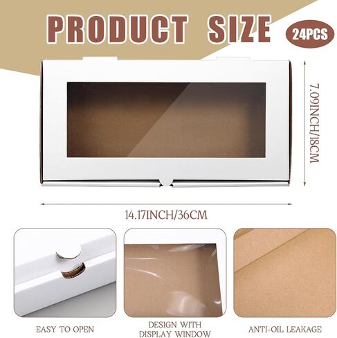 Tioncy 24 PCS Bizza Boxes 14 × 7 × 1.5 بوصة مربع بيتزا مموجة مستطيلة ، قم بإخراج حاويات الخبز مع قفل حلقة السحب على غطاء النافذة الصافية لخبز الخبز المسطح (أبيض) in Kuwait