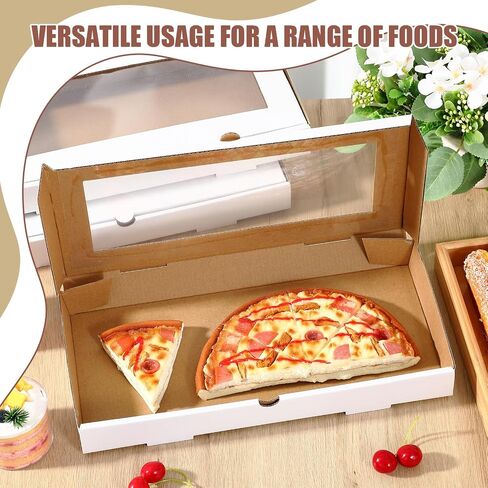 Tioncy 24 PCS Bizza Boxes 14 × 7 × 1.5 بوصة مربع بيتزا مموجة مستطيلة ، قم بإخراج حاويات الخبز مع قفل حلقة السحب على غطاء النافذة الصافية لخبز الخبز المسطح (أبيض) in Kuwait