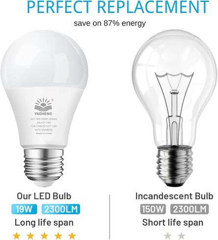 A21 LED Light Bulb, 150 Watt Equivalent LED Bulbs, 19W 5000K Daylight, 2300 Lumens, Non-Dimmable, E26 Base, Super Bright Light Bulb Indoor, Energy Efficient ETL Listed, 4-Pack in Saudi Arabia