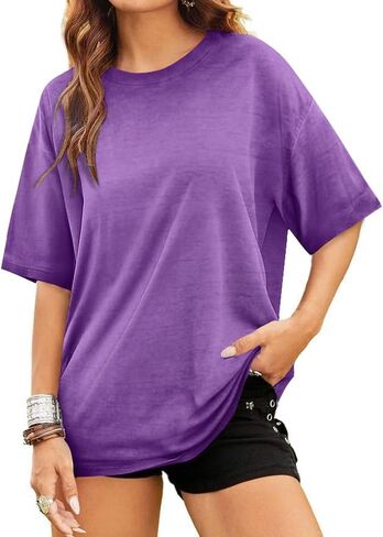 ريميدو للنساء غير الرسمي رقبة كبيرة الحجم تي شيرت قصير الأكمام فضفاضة قميص مغسولة in Kuwait