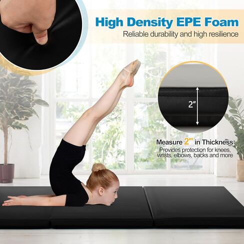 Goplus Folding Gymnastics Mat, 6’ x 2’ x 2’’ Thick Tri-Fold Exercise Tumbling Mat w/Carrying Handles, Hook & Loop Fastener, Gym mats for Home Fitness Yoga Aerobics Workouts Martial Arts in Saudi Arabia