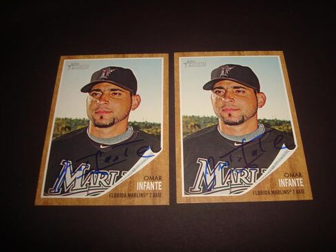 Omar Infante Marlins 2011 Topps Heritage #130 Signed Authentic Autograph 920 - MLB Autographed Baseball Cards in Saudi Arabia