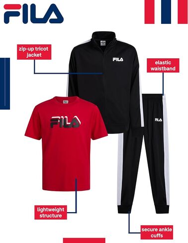Fila Boys Active Tracksuit Set - 3 Piece Performance Tricot Sweatshirt, Jogger Sweatpants, Shirt - Activewear for Boys (8-12) in Saudi Arabia