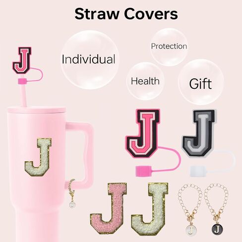 6pcs stanley cup letter charm accesories ، silicone straw cover cappers toppers ، unding chenille letters patch sticker ، frealure left refer in Saudi Arabia