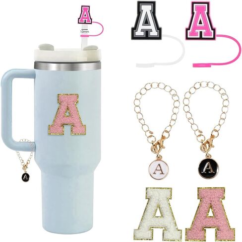 6pcs stanley cup letter charm accesories ، silicone straw cover cappers toppers ، unding chenille letters patch sticker ، frealure left refer in Kuwait