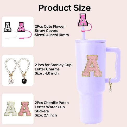 6pcs stanley cup letter charm accesories ، silicone straw cover cappers toppers ، unding chenille letters patch sticker ، frealure left refer in Kuwait
