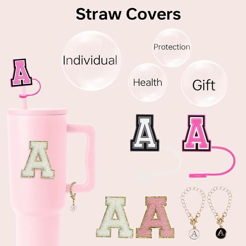 6pcs stanley cup letter charm accesories ، silicone straw cover cappers toppers ، unding chenille letters patch sticker ، frealure left refer in Kuwait
