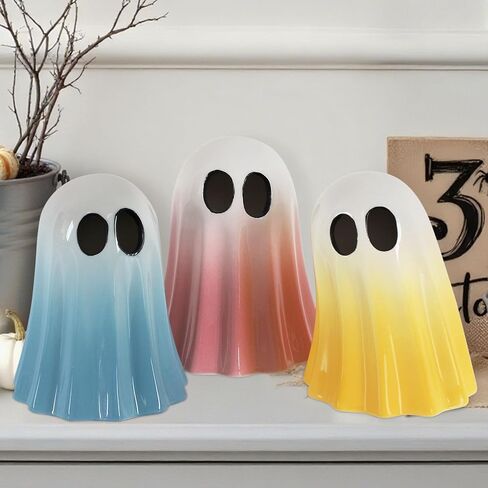 Dazonge Halloween Decorations Indoor ، مجموعة من 3 أشباح من السيراميك مع قبعات ساحرة ، تماثيل شبح هالوين لطيف لطفال ، الرف واللوح ديكور in Kuwait
