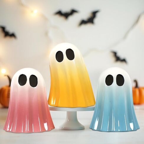 Dazonge Halloween Decorations Indoor ، مجموعة من 3 أشباح من السيراميك مع قبعات ساحرة ، تماثيل شبح هالوين لطيف لطفال ، الرف واللوح ديكور in Kuwait