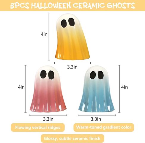 Dazonge Halloween Decorations Indoor ، مجموعة من 3 أشباح من السيراميك مع قبعات ساحرة ، تماثيل شبح هالوين لطيف لطفال ، الرف واللوح ديكور in Kuwait