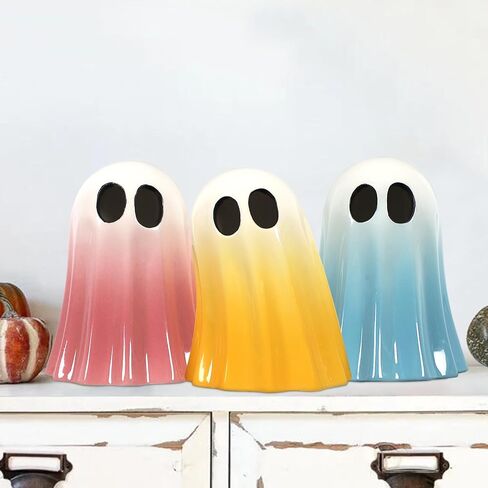 Dazonge Halloween Decorations Indoor ، مجموعة من 3 أشباح من السيراميك مع قبعات ساحرة ، تماثيل شبح هالوين لطيف لطفال ، الرف واللوح ديكور in Kuwait