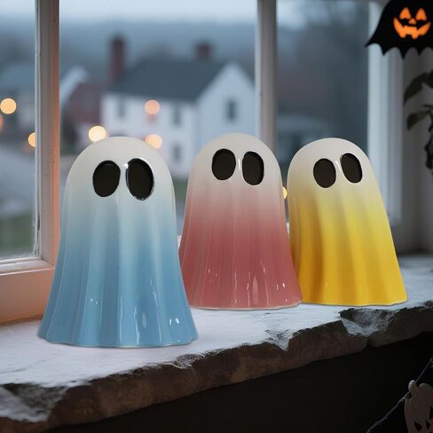 Dazonge Halloween Decorations Indoor ، مجموعة من 3 أشباح من السيراميك مع قبعات ساحرة ، تماثيل شبح هالوين لطيف لطفال ، الرف واللوح ديكور in Kuwait