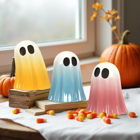 Dazonge Halloween Decorations Indoor ، مجموعة من 3 أشباح من السيراميك مع قبعات ساحرة ، تماثيل شبح هالوين لطيف لطفال ، الرف واللوح ديكور in Kuwait