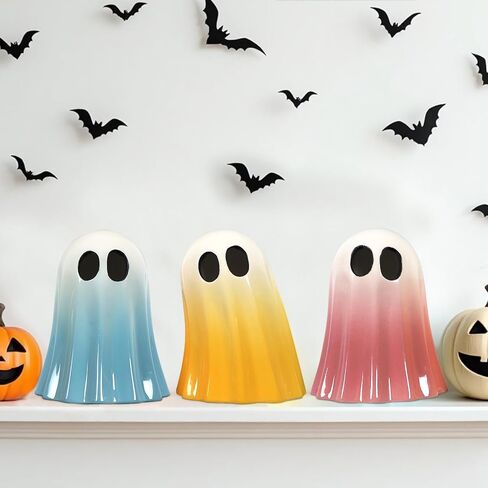 Dazonge Halloween Decorations Indoor ، مجموعة من 3 أشباح من السيراميك مع قبعات ساحرة ، تماثيل شبح هالوين لطيف لطفال ، الرف واللوح ديكور in Kuwait