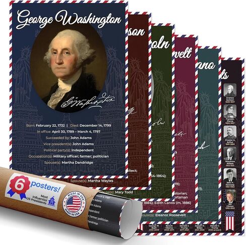 Quarterhouse Most Influential US Presidents Poster Set, Social Studies Classroom Learning Materials for K-12 Students and Teachers, Set of 6, 12 x 18 Inches, Extra Durable in Saudi Arabia
