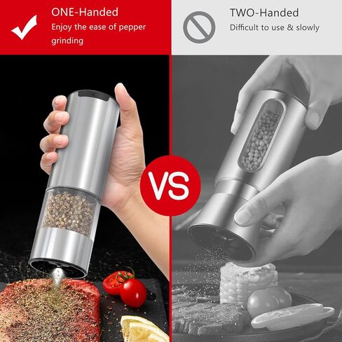 Electric Salt and Pepper Grinder Set, Rechargeable Automatic Pepper Mill Grinder with Led Light, One Hand Operation, Adjustable Coarseness, USB-C Recharging, Refillable, 95ml, Silver(2 Pack) in Saudi Arabia