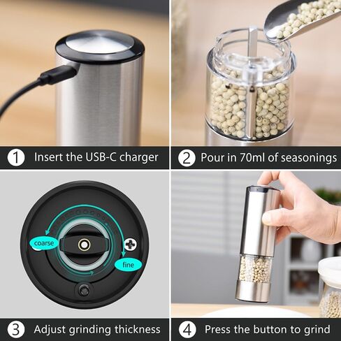 Electric Salt and Pepper Grinder Set, Rechargeable Automatic Pepper Mill Grinder with Led Light, One Hand Operation, Adjustable Coarseness, USB-C Recharging, Refillable, 95ml, Silver(2 Pack) in Saudi Arabia