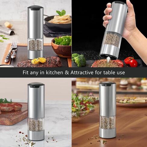 Electric Salt and Pepper Grinder Set, Rechargeable Automatic Pepper Mill Grinder with Led Light, One Hand Operation, Adjustable Coarseness, USB-C Recharging, Refillable, 95ml, Silver(2 Pack) in Saudi Arabia