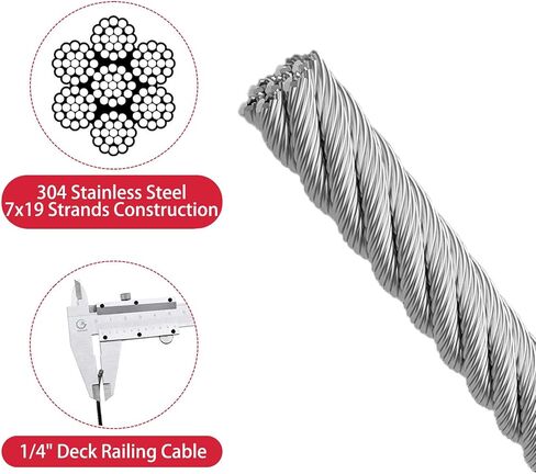 1/4" Stainless Steel Cable,7x19 Strand Aircraft Wire Rope,Cable for Zip Iine and Outdoor Pulley Cables,Breaking Strength 6400 Ibs 200FT in Saudi Arabia